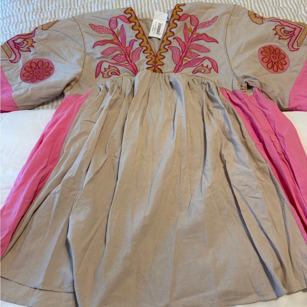Floral Embroidered Dress with Pink Accents